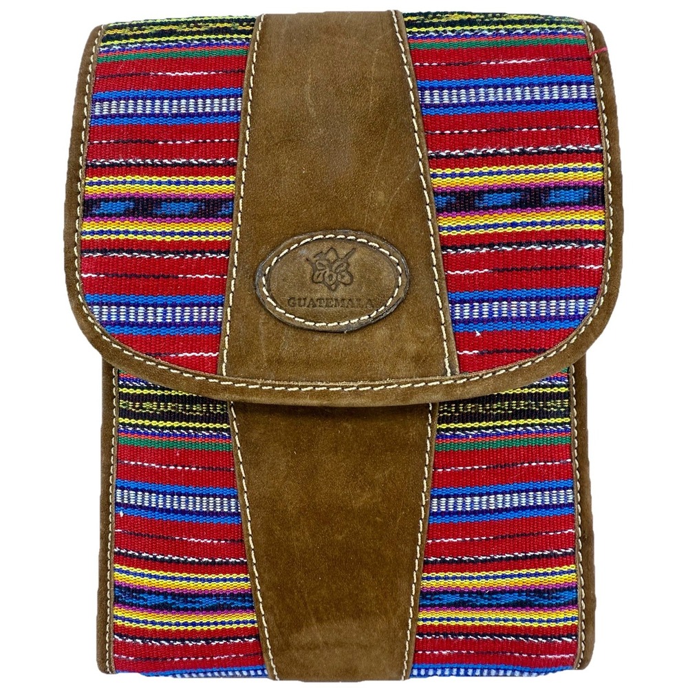 Handmade Guatemala Woven Suede Crossbody Bag Brown Multicolor Boho‎ Travel